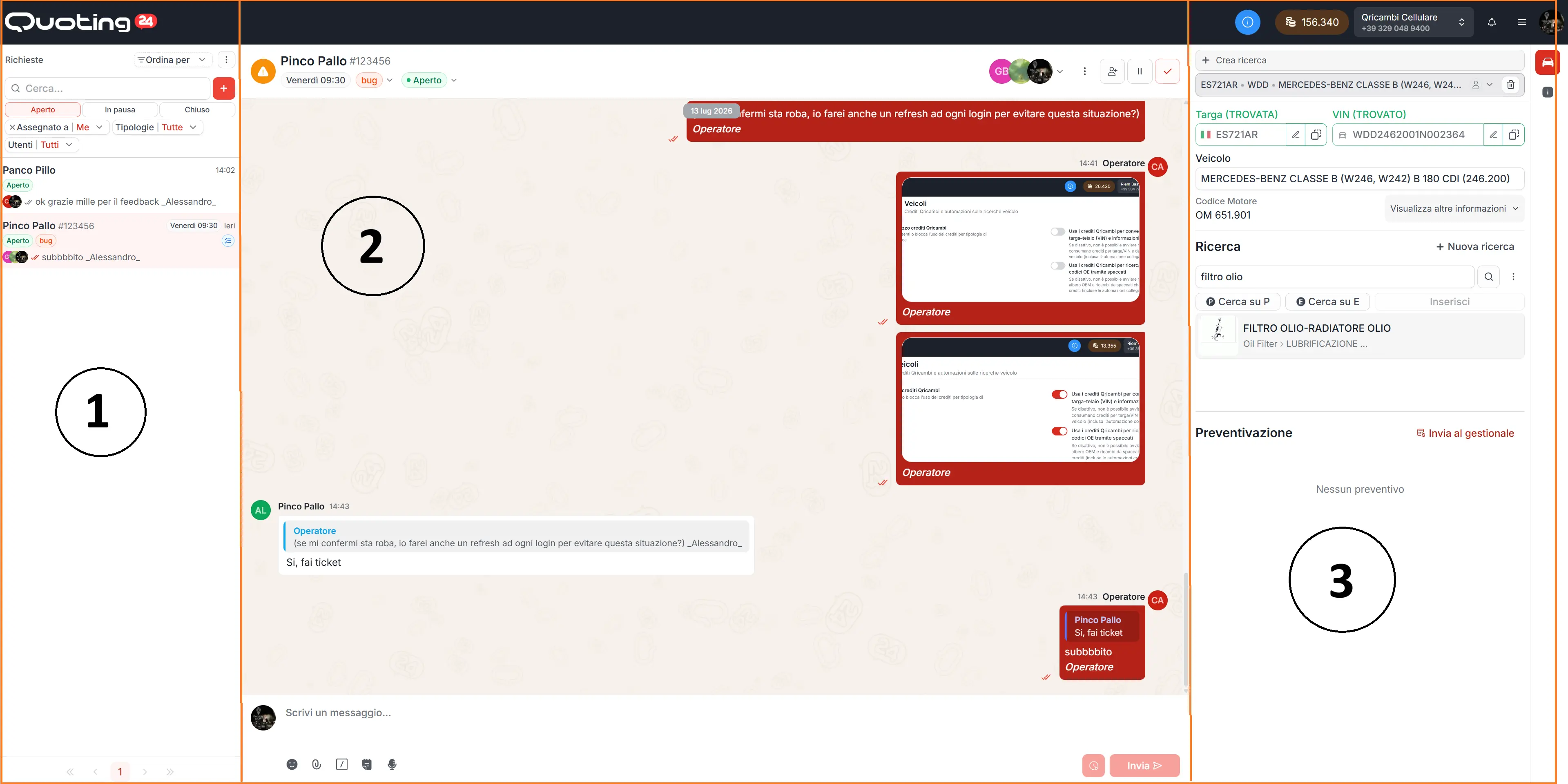 Schermata principale Quoting24 con elenco ticket e chat